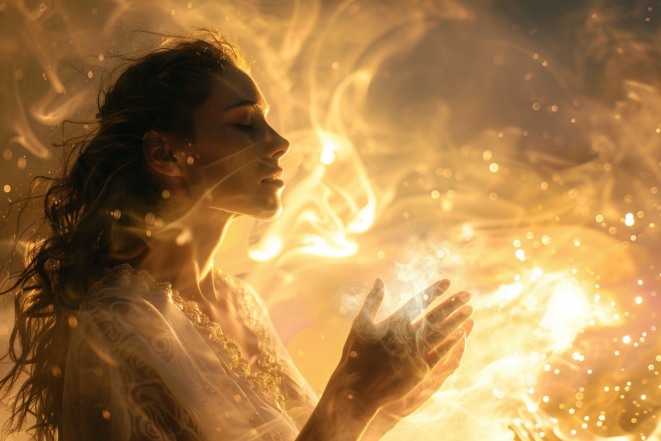 Женщина молится на фоне света, фото