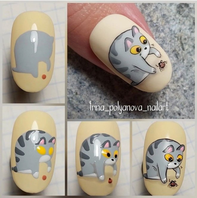 Як намалювати кота на нігтях гель-лаками, інструкція