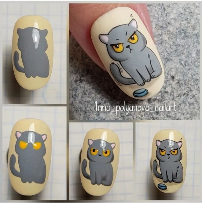 Як намалювати голодного кота на нігтях, майстер-клас