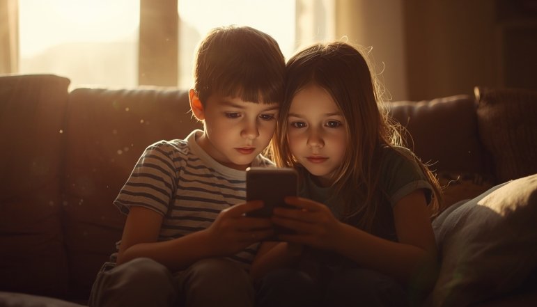Мальчик и девочка смотрят мультики на смартфоне.