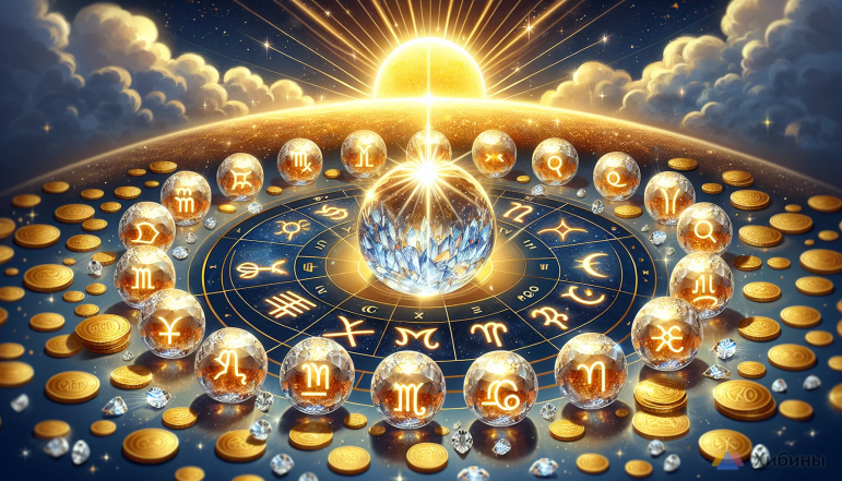 Знаки зодиака на фоне солнца и золотых монет.