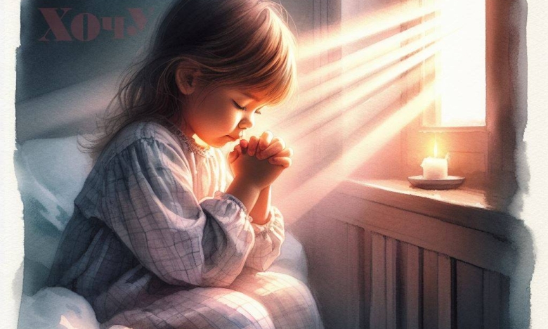 На фото ребенок молится ранним утром