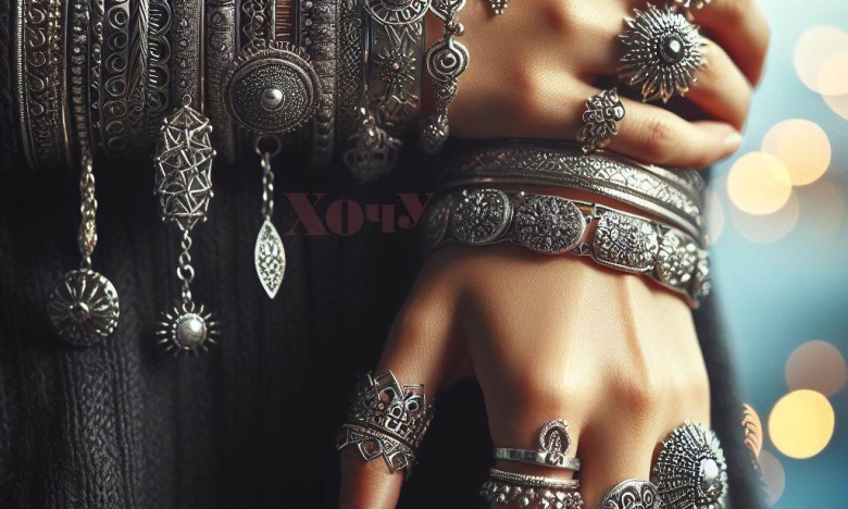 Женские руки с серебряными украшениями.