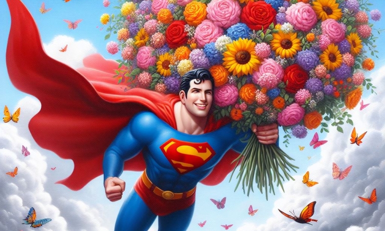 На фото супермен з букетом квітів