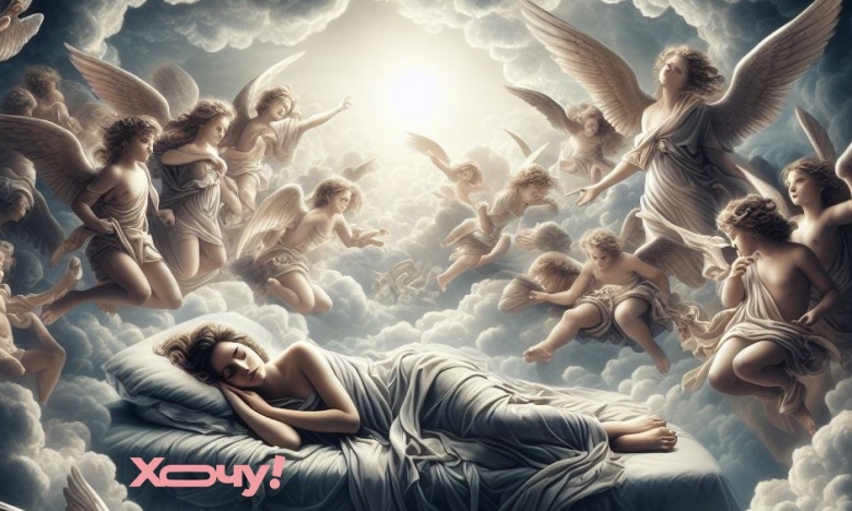 Жінка спить, поруч неї ангели, фото