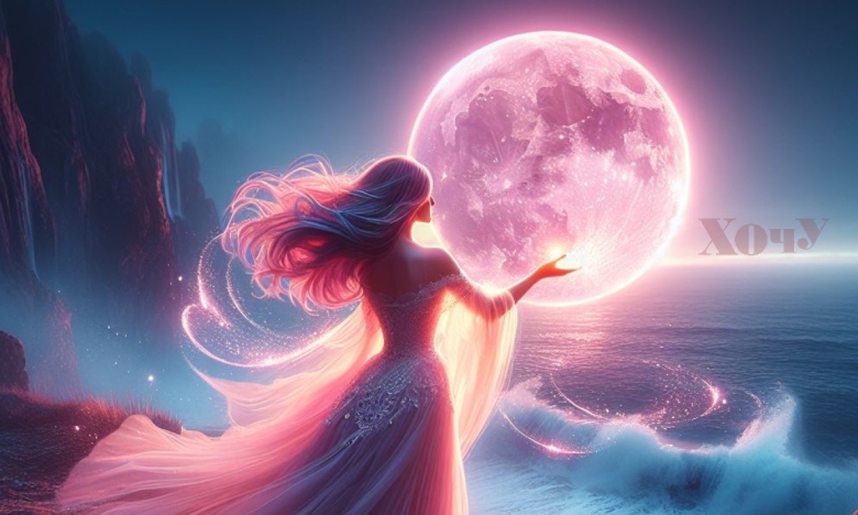 Жінка тримає Рожевий Місяць, картинка