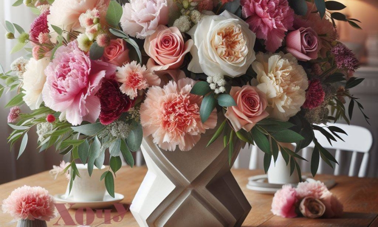 Букет цветов стоит в белом вазе на столе.