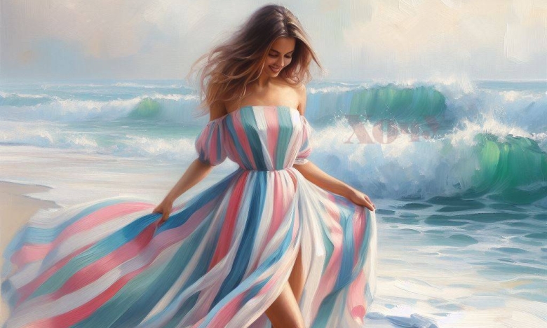 На фото счастливая женщина идет по пляжу