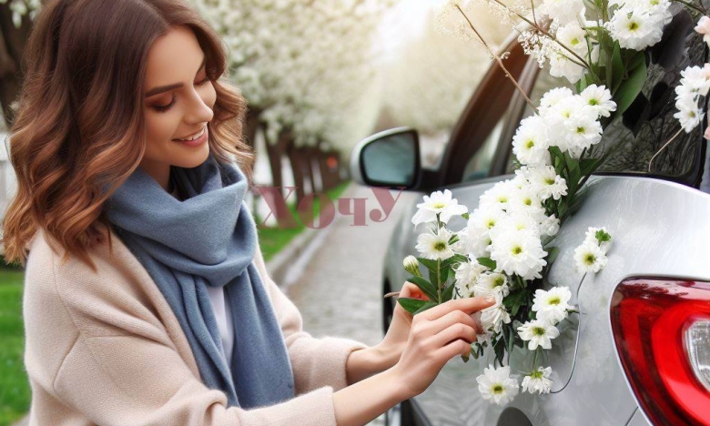 На фото женщина украшает машину цветами.