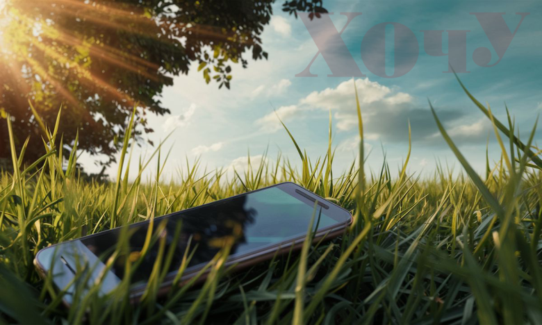 Затерянный телефон лежит в траве.