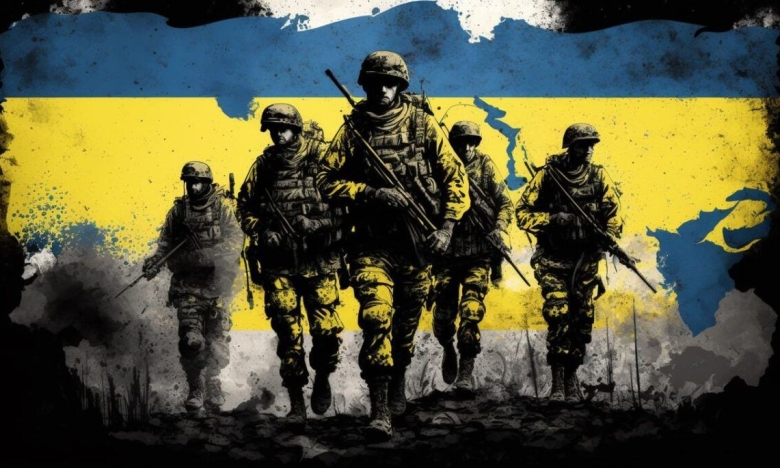 Военные ВСУ на фоне флага Украины, картинка