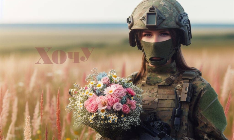 На фото военная женщина с букетом цветов.