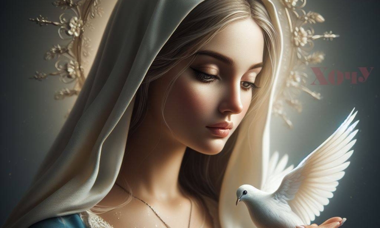 На фото Діва Марія з голубом у руках