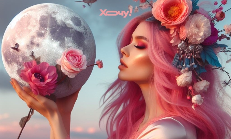 Женщина с розовыми волосами, держа Луну, картинка