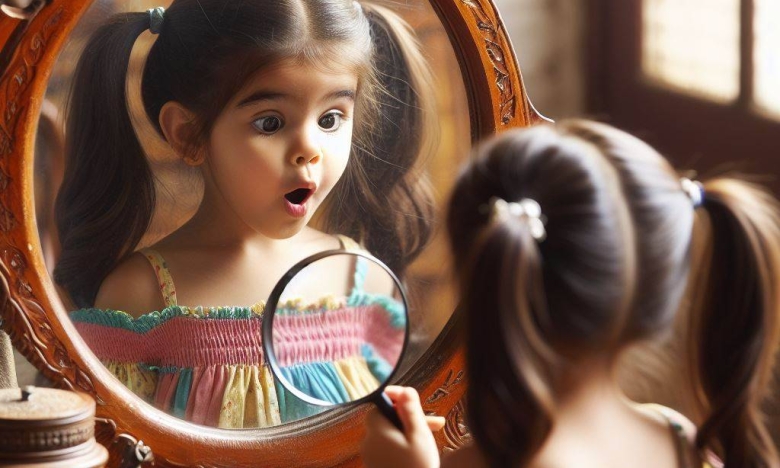 На фото девочка смотрит в зеркало