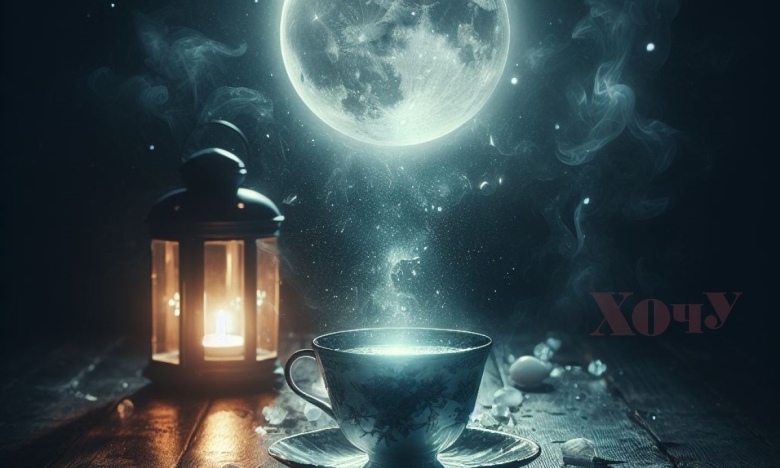 Полная Луна, кофе и фонарь, картинка