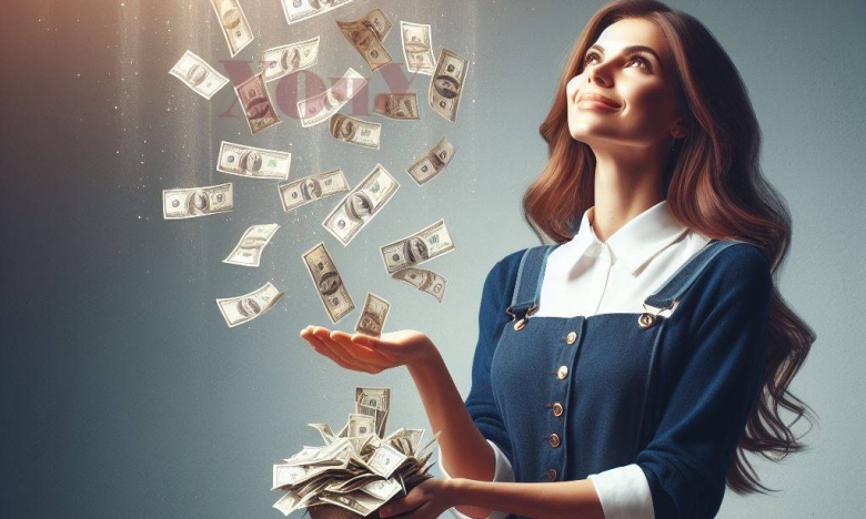 На фото жінка збирає гроші у долоні
