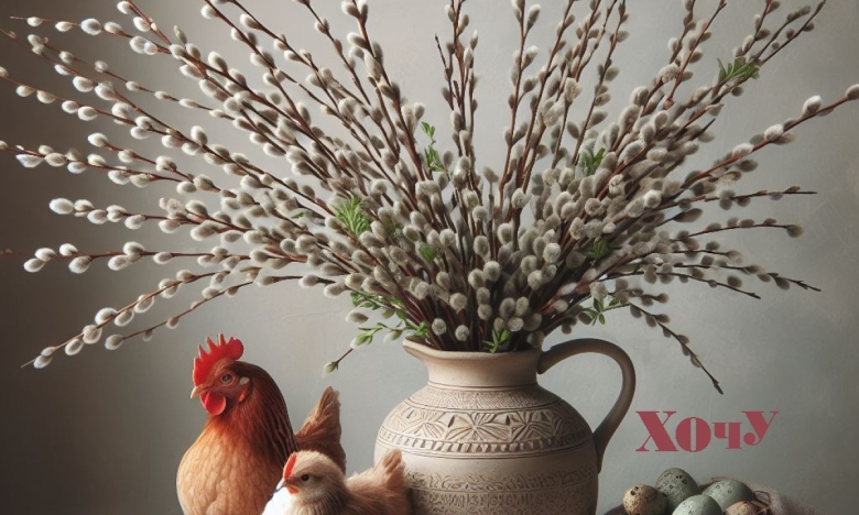 Ива в вазе, петух, курица и яйца, картинка