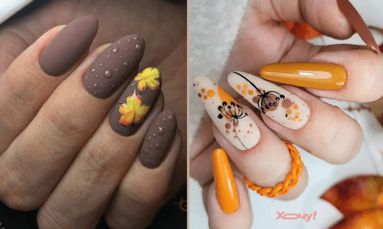 Манікюр з імітацією дощу та осіннім листям