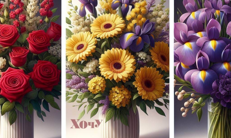 Три вазы с разными цветами
