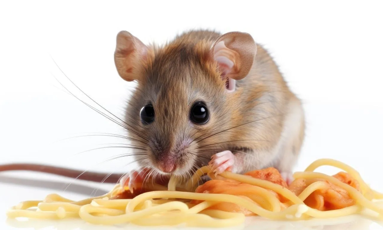 На фото мышь ест макароны