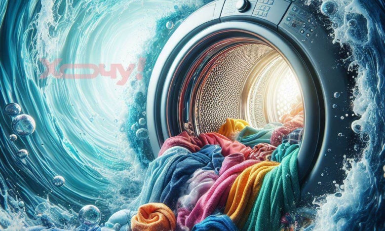 На фото стиральная машинка с одеждой