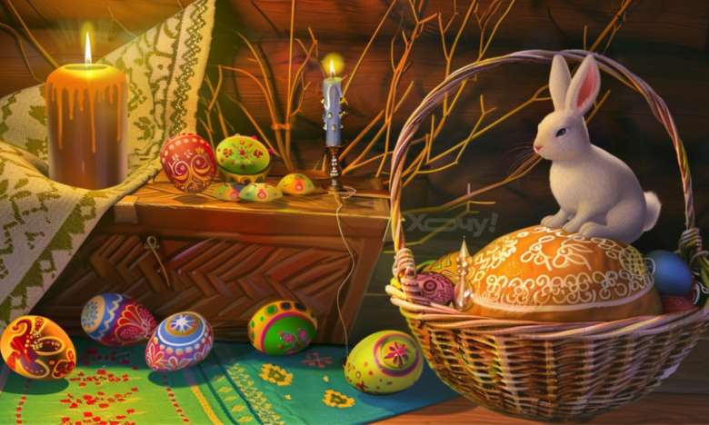 На фото картинка с корзиной, пасхальными яйцами и кроликом