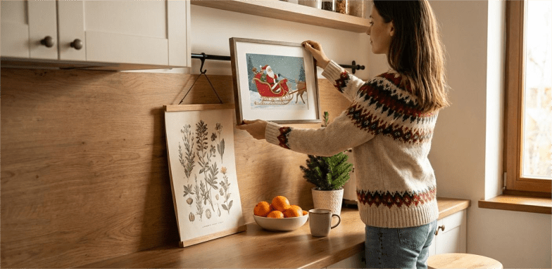 Новогодний постер с зимним пейзажем в рамке на стене