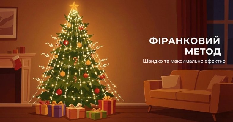 Гирлянда типа "лошадиный хвост" или "штора", закрепленная на макушке елки