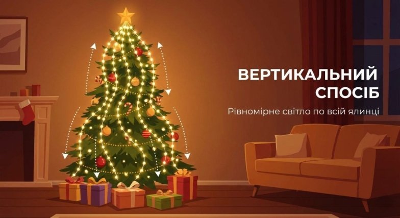 Вертикальное размещение гирлянды на новогодней елке волнами