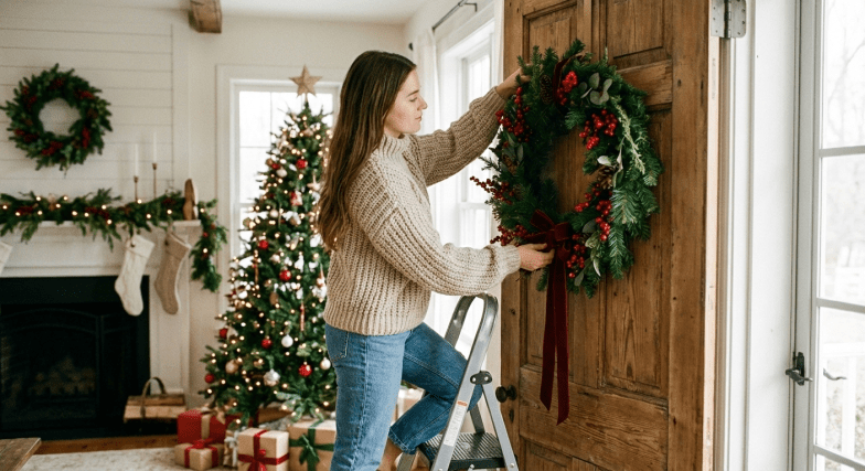 Рождественский венок на двери и хвойная гирлянда