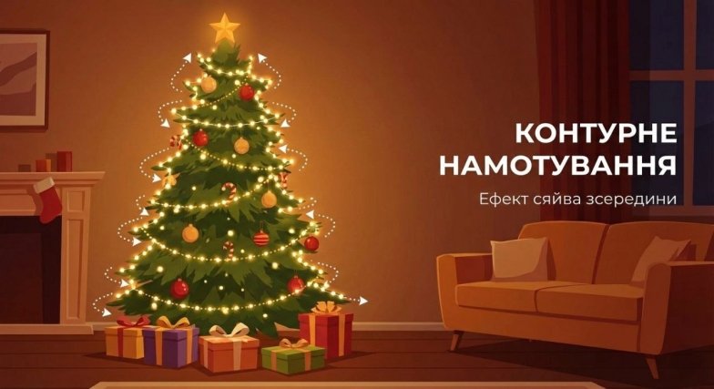 Гирлянда, проложенная вдоль каждой ветки елки от ствола до кончика