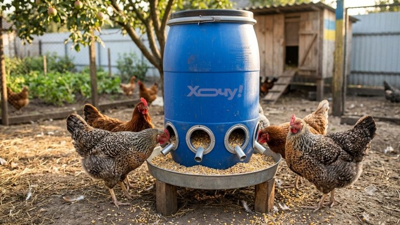 Як зробити годівницю для курей з пластикової бочки